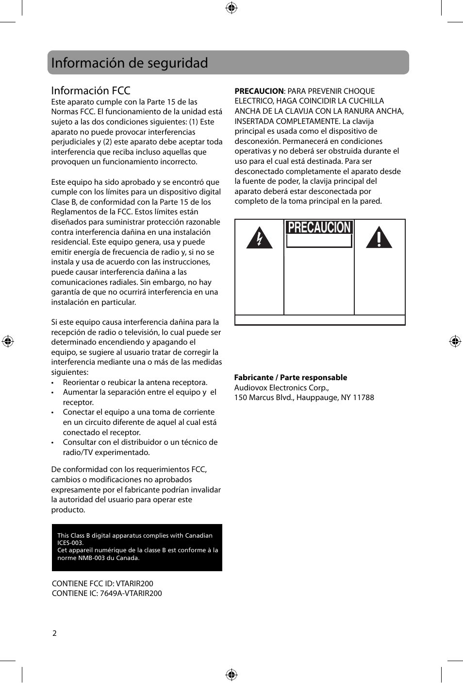 Información de seguridad, Precaucion, Advertencia | Información fcc | Acoustic Research ARIR600i User Manual | Page 34 / 66