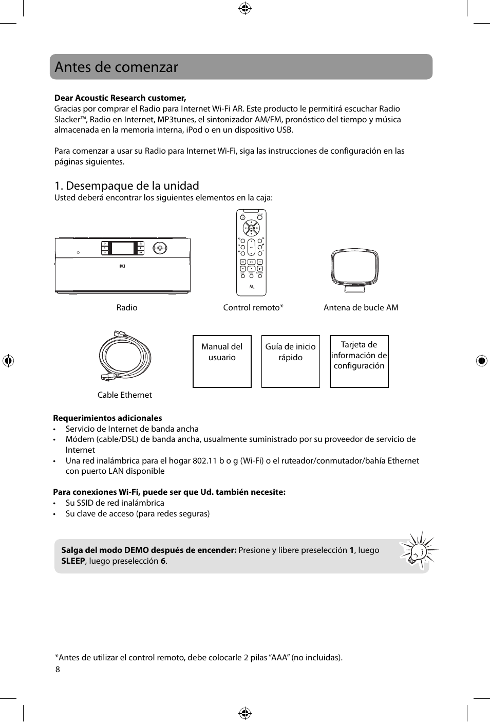 Antes de comenzar, Desempaque de la unidad | Acoustic Research ARIR600i User Manual | Page 40 / 66