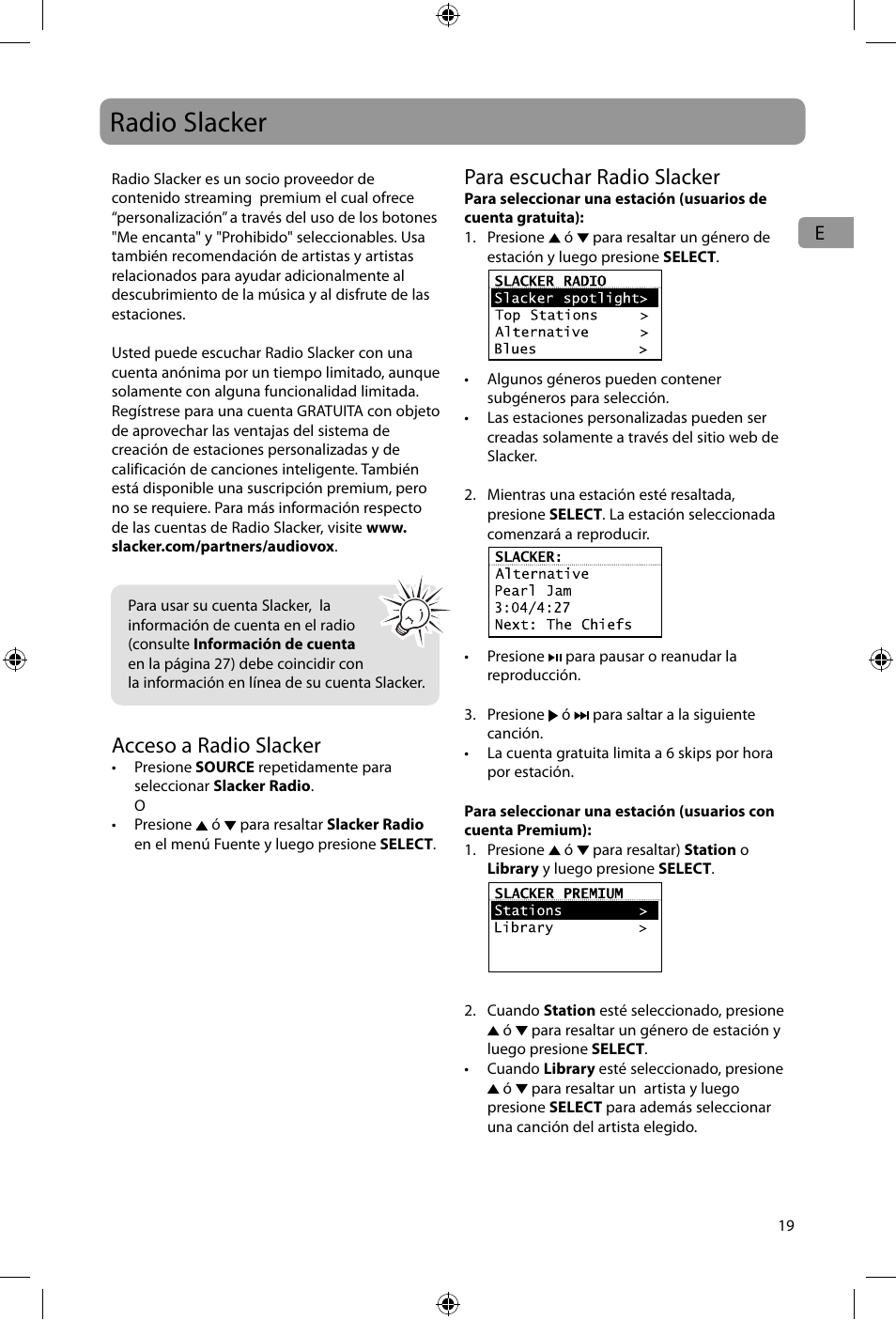 Radio slacker, Acceso a radio slacker, Para escuchar radio slacker | Acoustic Research ARIR600i User Manual | Page 51 / 66