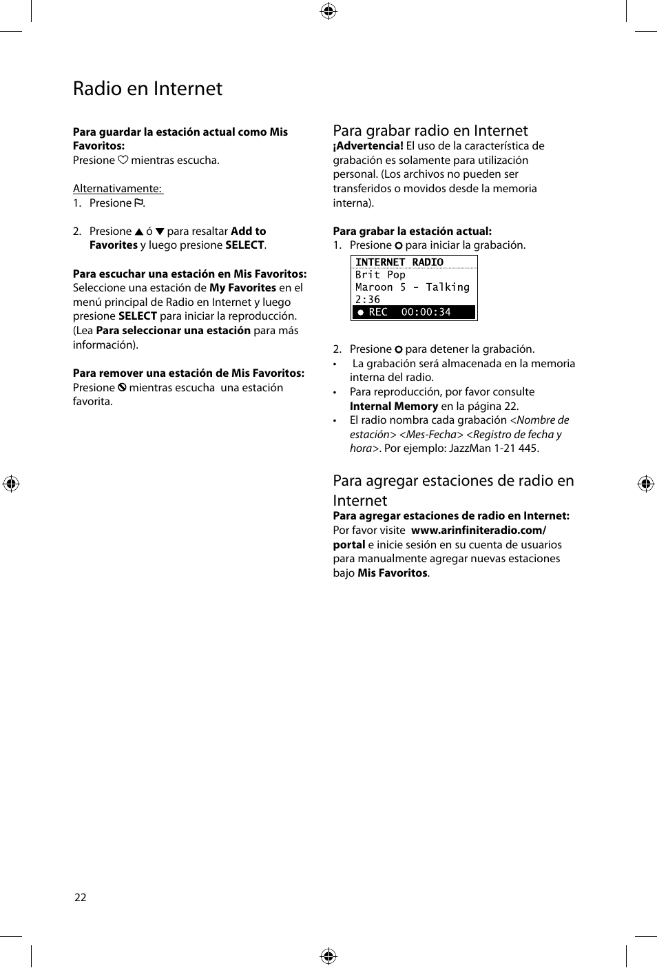 Radio en internet, Para grabar radio en internet, Para agregar estaciones de radio en internet | Acoustic Research ARIR600i User Manual | Page 54 / 66