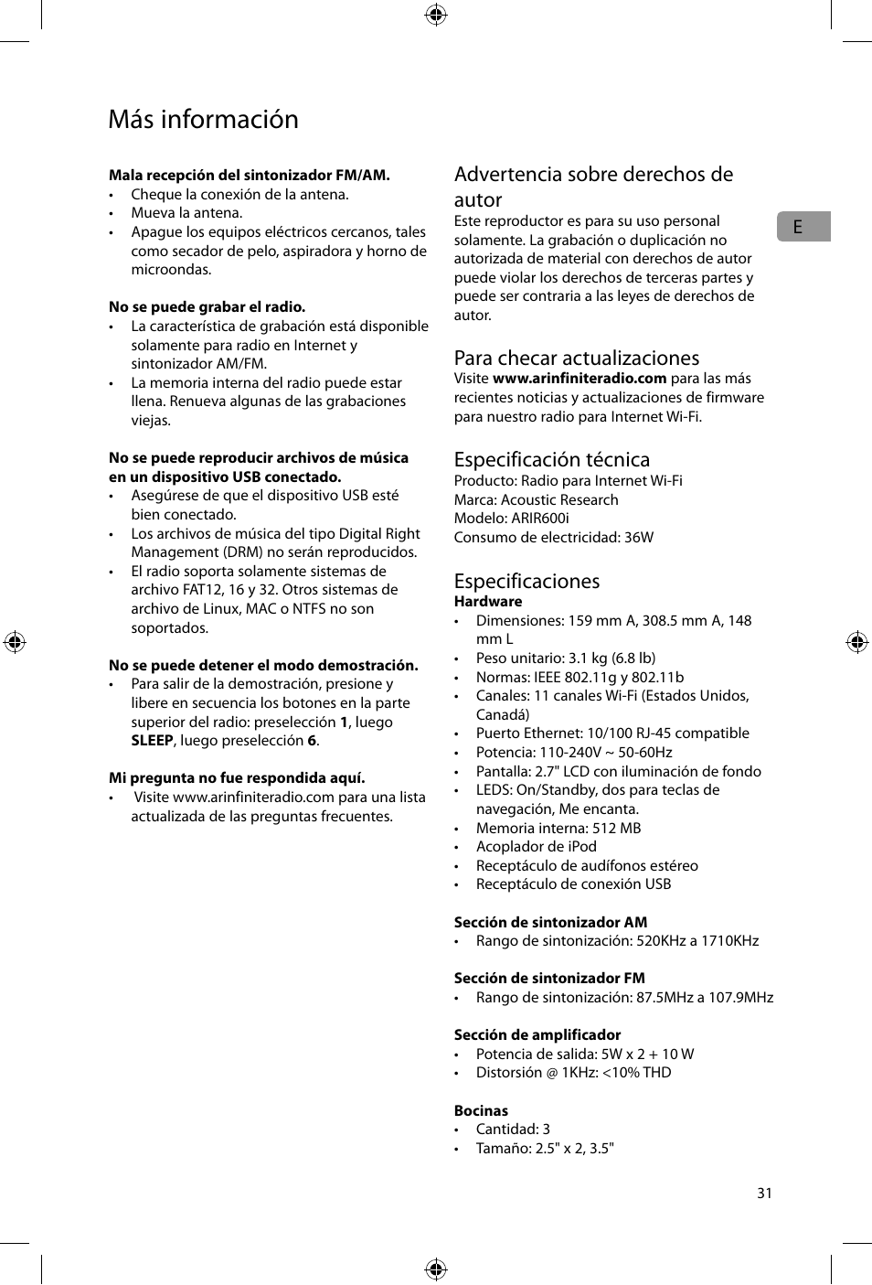 Más información, Advertencia sobre derechos de autor, Para checar actualizaciones | Especificación técnica, Especificaciones | Acoustic Research ARIR600i User Manual | Page 63 / 66