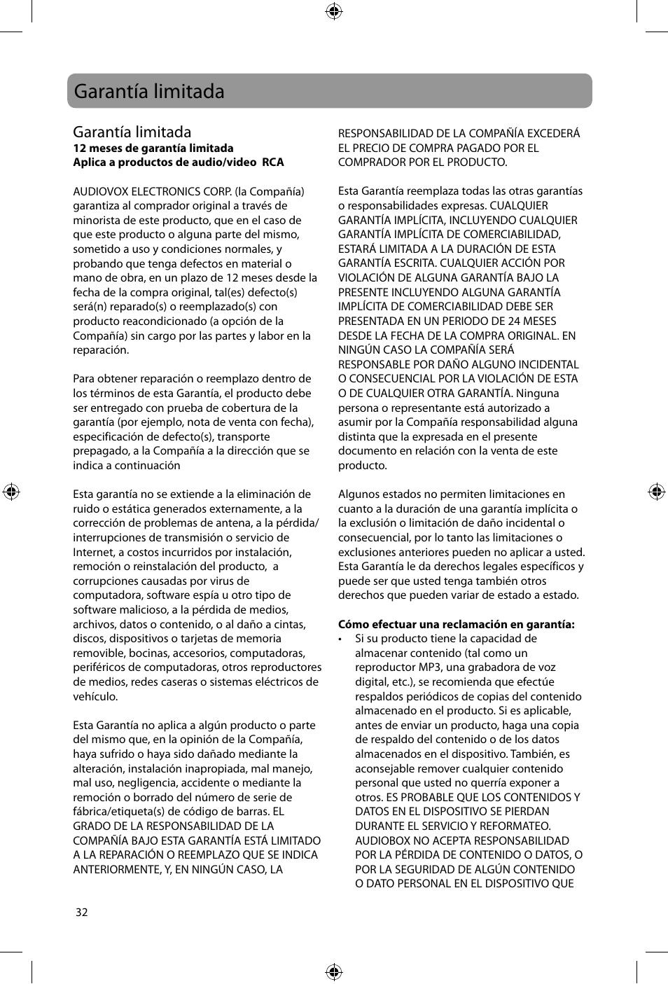 Garantía limitada | Acoustic Research ARIR600i User Manual | Page 64 / 66