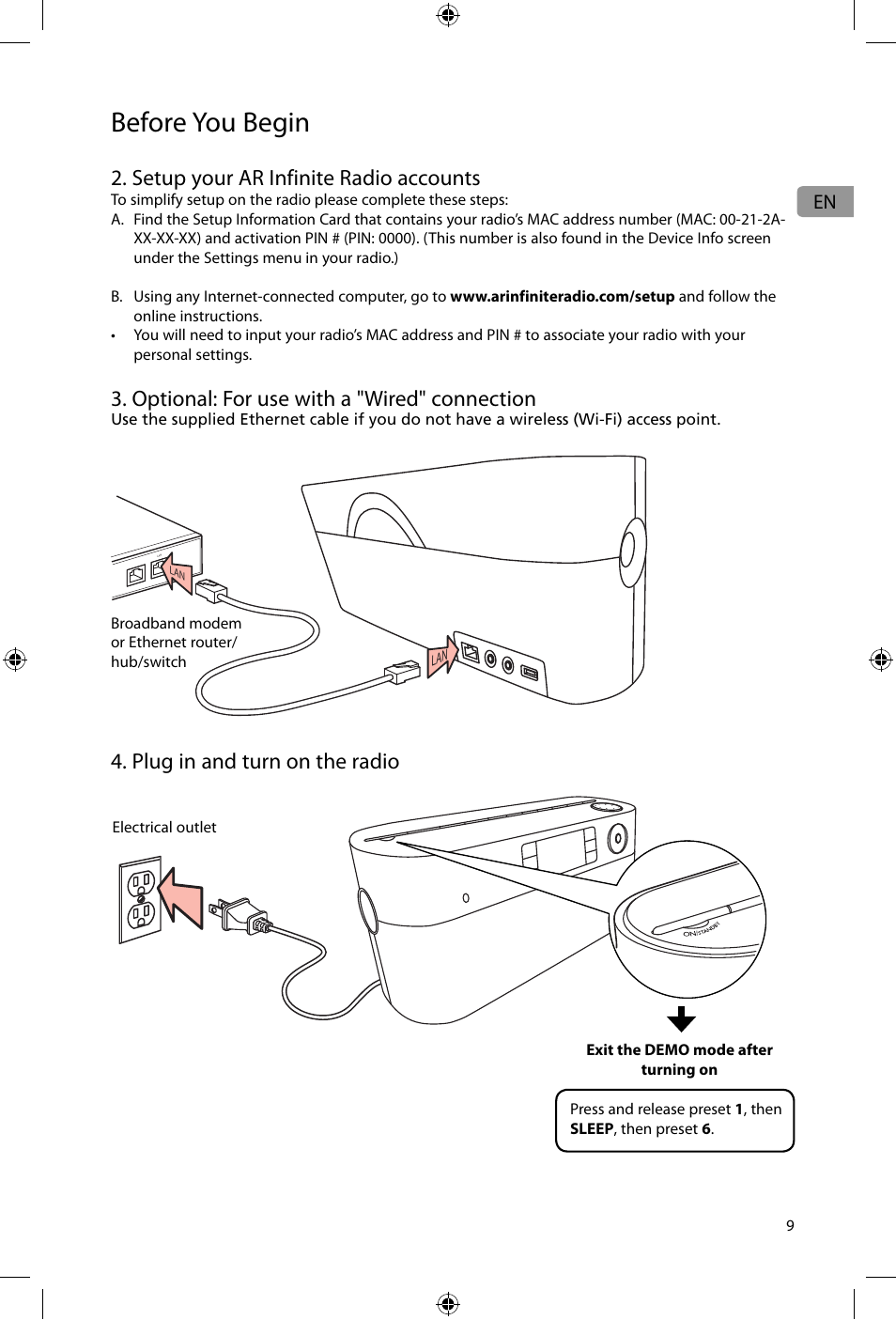 Before you begin, Setup your ar infinite radio accounts, Optional: for use with a "wired" connection | Plug in and turn on the radio | Acoustic Research ARIR600i User Manual | Page 9 / 66