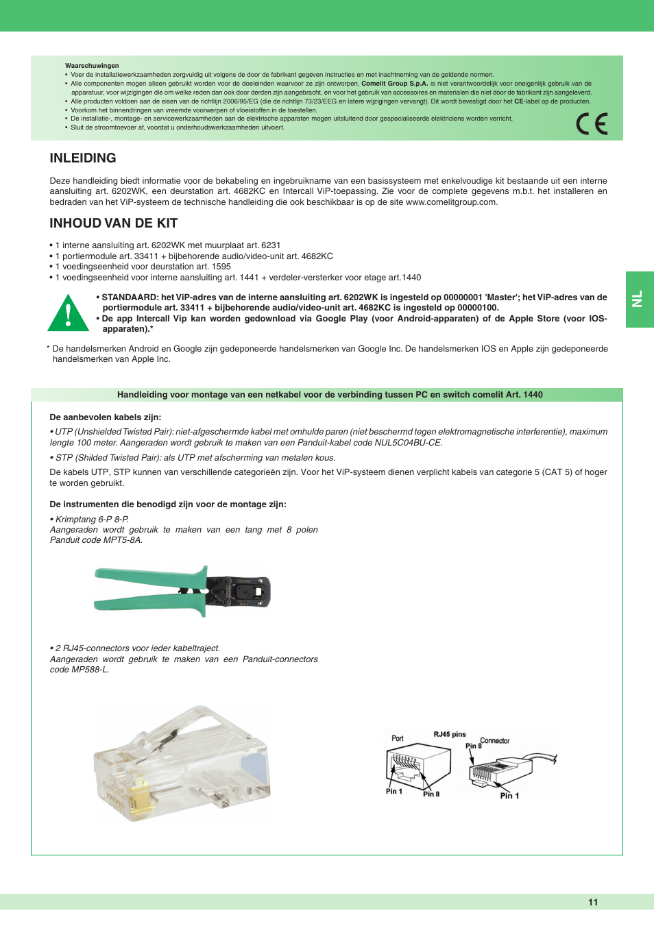 Inleiding, Inhoud van de kit | Comelit MT 8511I User Manual | Page 11 / 36