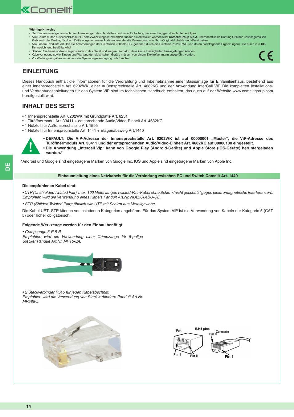 Einleitung, Inhalt des sets | Comelit MT 8511I User Manual | Page 14 / 36