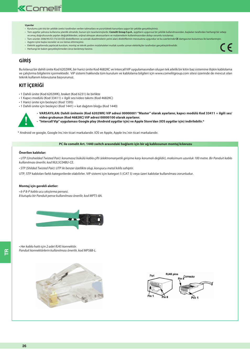 Giriş, Kit içeriği | Comelit MT 8511I User Manual | Page 26 / 36
