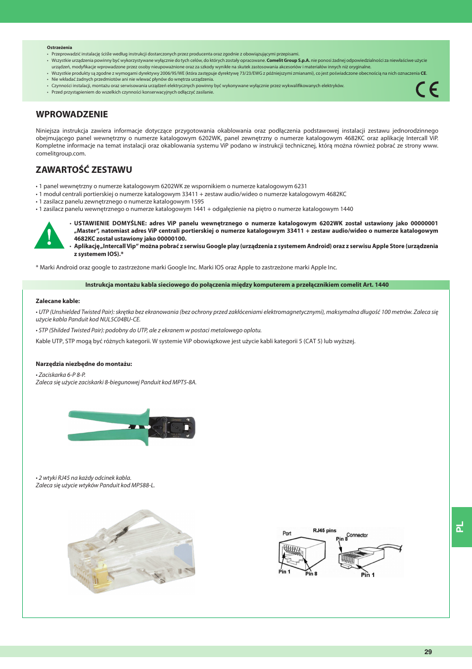 Wprowadzenie, Zawartość zestawu | Comelit MT 8511I User Manual | Page 29 / 36