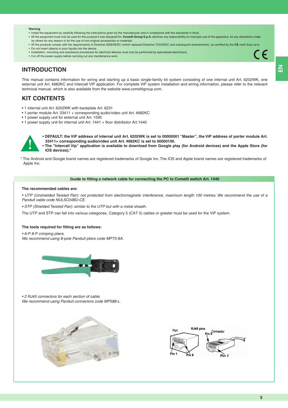 Introduction, Kit contents | Comelit MT 8511I User Manual | Page 5 / 36