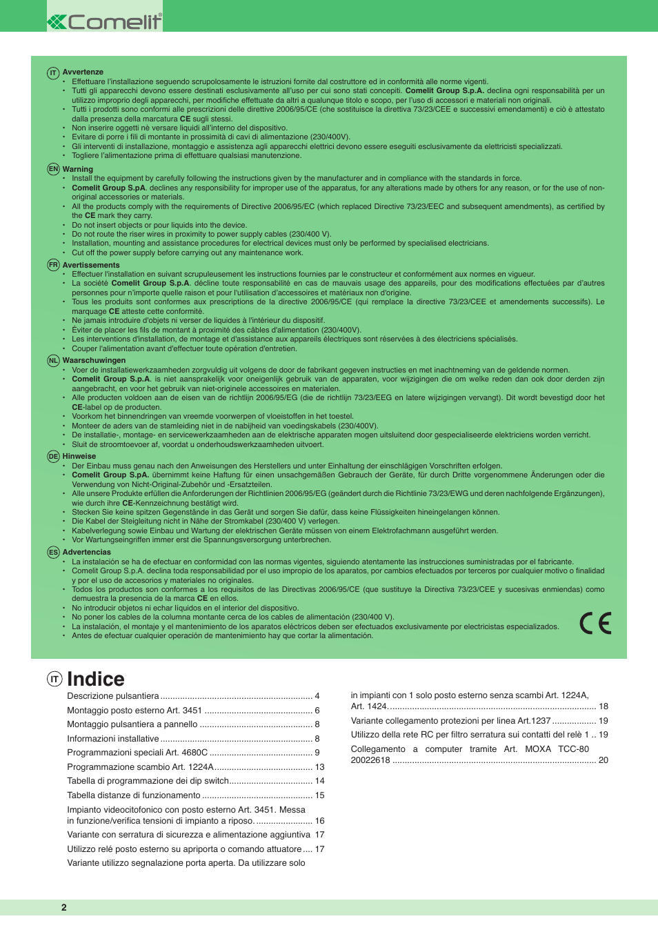 Indice | Comelit MT 3451 User Manual | Page 2 / 20