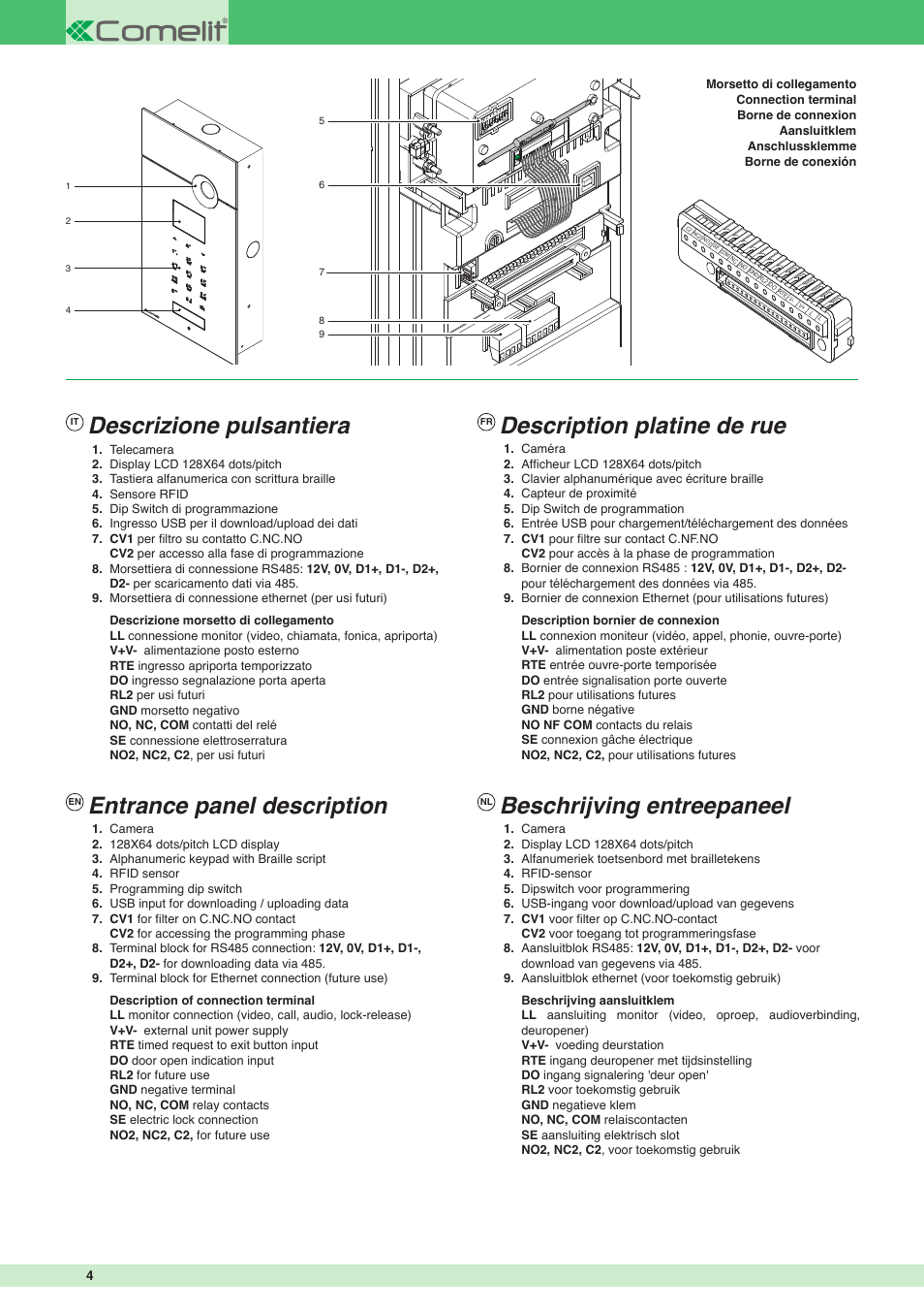 Descrizione pulsantiera, Entrance panel description, Description platine de rue | Beschrijving entreepaneel | Comelit MT 3451 User Manual | Page 4 / 20