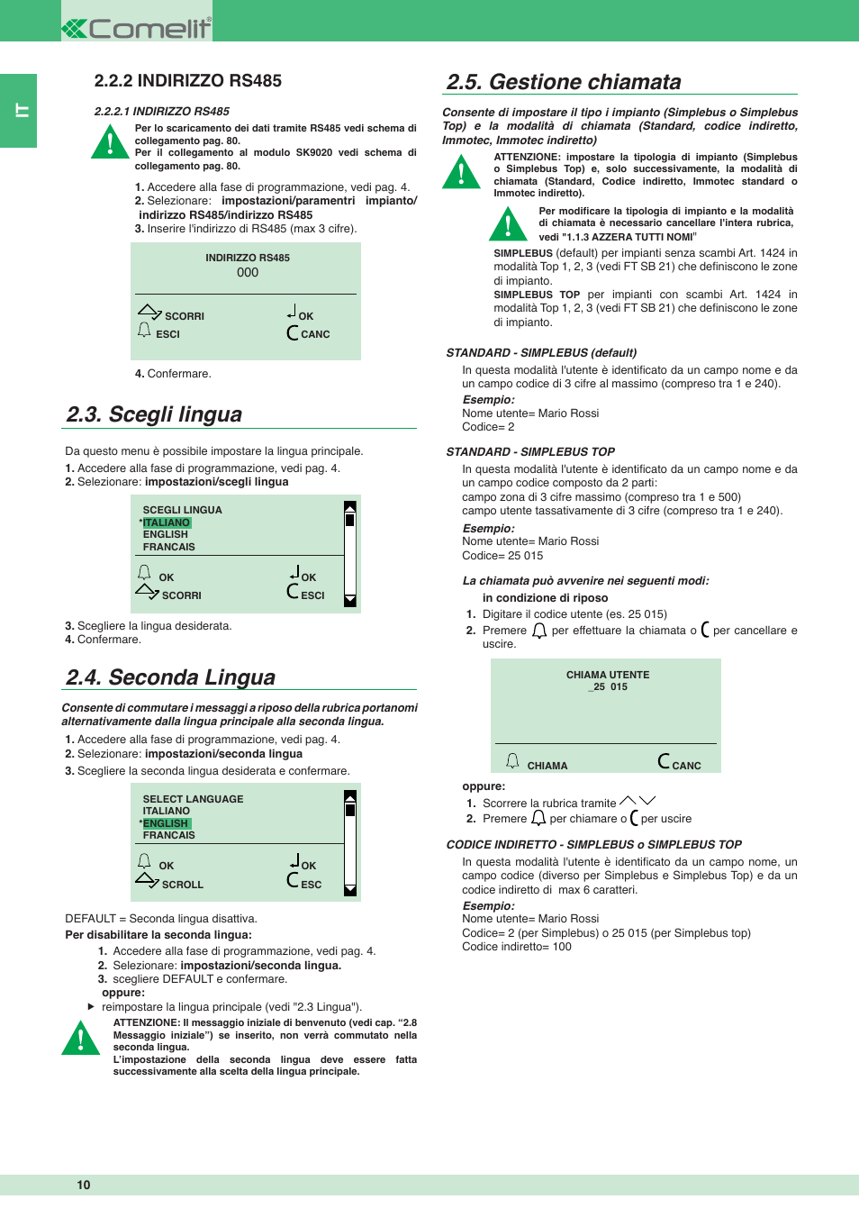 Scegli lingua, Seconda lingua, Gestione chiamata | 2 indirizzo rs485 | Comelit MT 3451 FR User Manual | Page 10 / 80