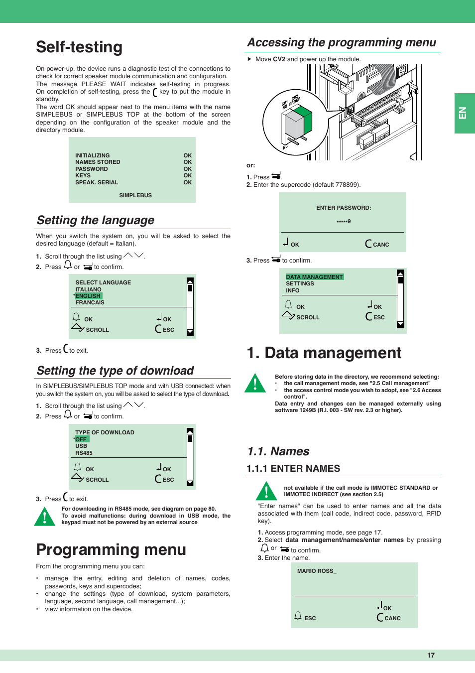 Self-testing, Programming menu, Data management | Setting the language setting the type of download, Accessing the programming menu, Names, 1 enter names | Comelit MT 3451 FR User Manual | Page 17 / 80