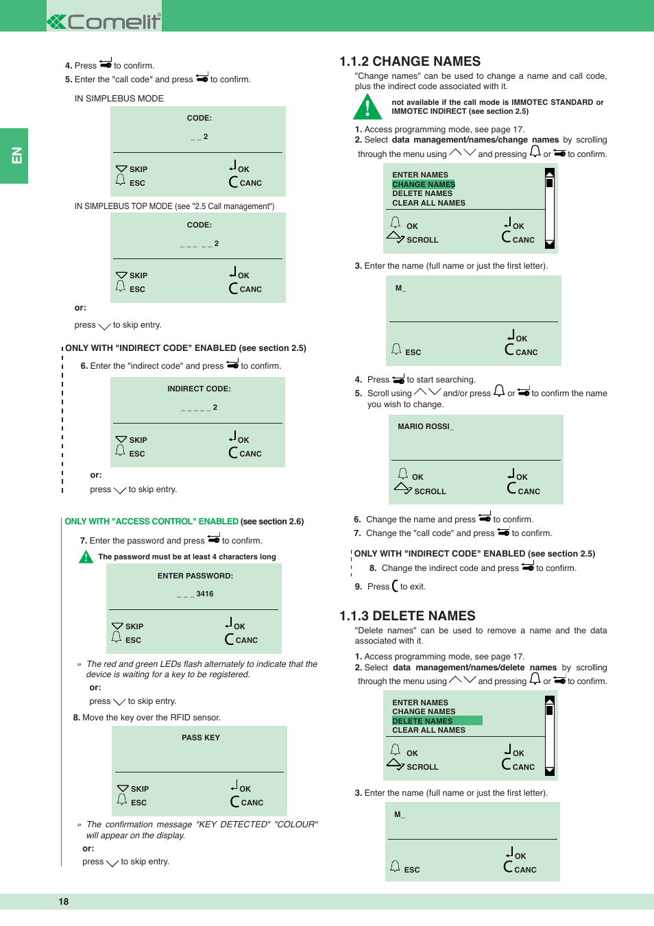 2 change names 1.1.3 delete names | Comelit MT 3451 FR User Manual | Page 18 / 80