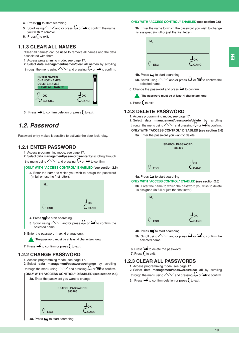 Password, En 1.1.3 clear all names, 1 enter password 1.2.2 change password | 3 delete password, 3 clear all passwords | Comelit MT 3451 FR User Manual | Page 19 / 80