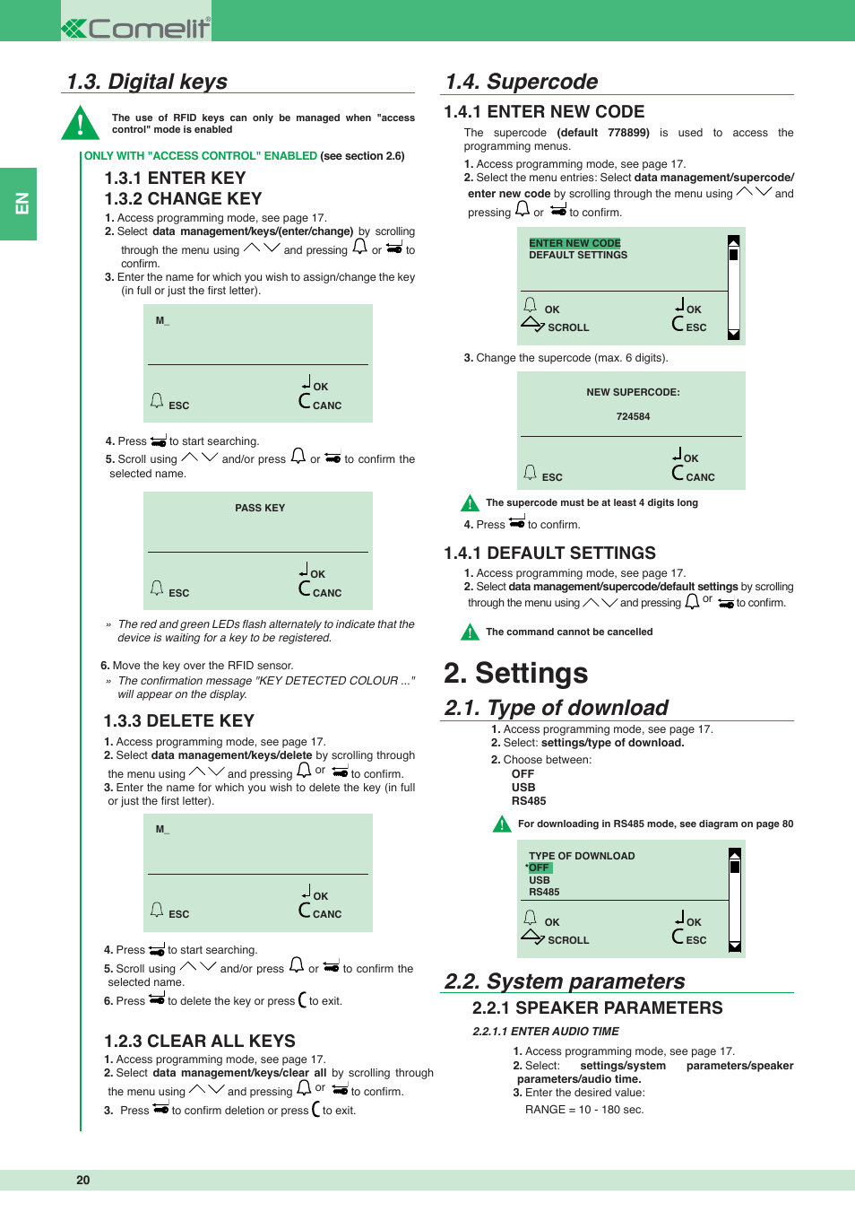 Settings, Digital keys, Supercode | Type of download 2.2. system parameters, 1 enter key 1.3.2 change key, 3 delete key 1.2.3 clear all keys, 1 enter new code 1.4.1 default settings, 1 speaker parameters | Comelit MT 3451 FR User Manual | Page 20 / 80