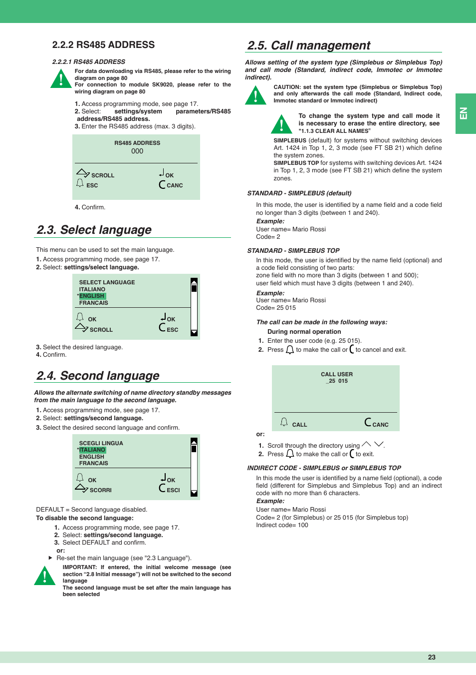 Select language, Second language, Call management | Comelit MT 3451 FR User Manual | Page 23 / 80