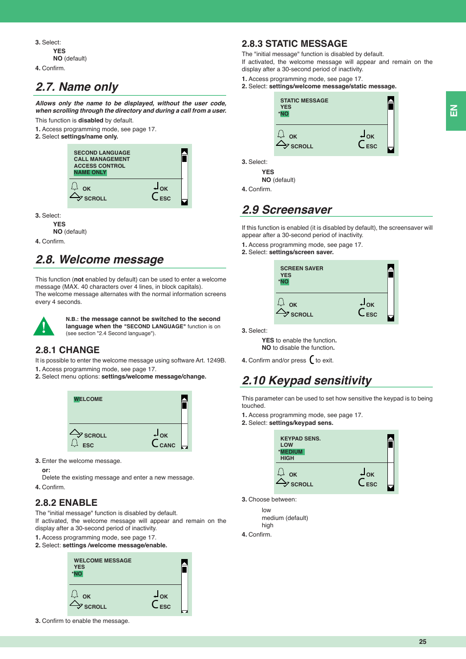 Name only 2.8. welcome message, 9 screensaver, 10 keypad sensitivity | 1 change, 2 enable, 3 static message | Comelit MT 3451 FR User Manual | Page 25 / 80