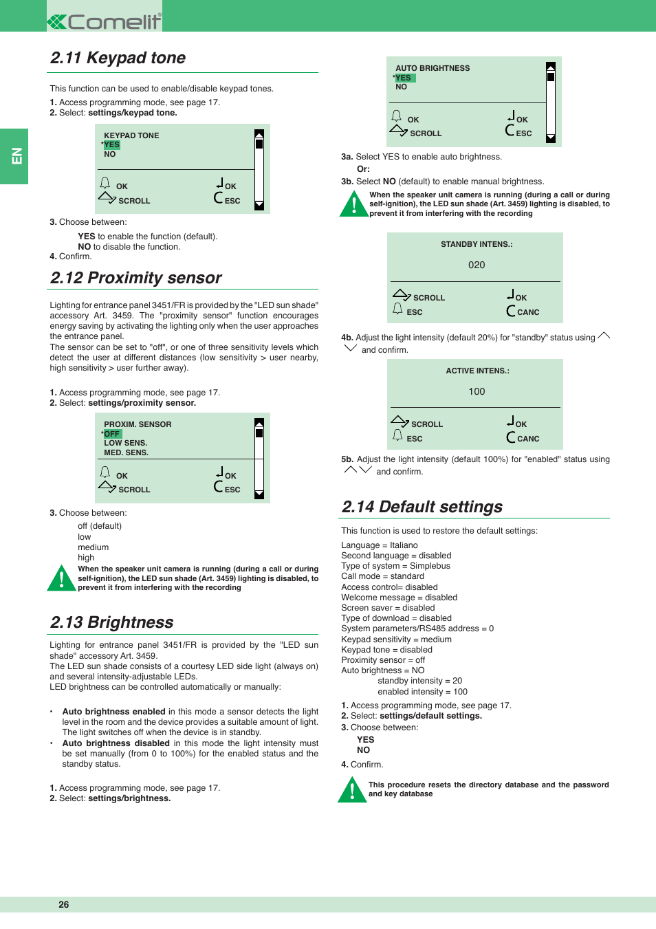 14 default settings | Comelit MT 3451 FR User Manual | Page 26 / 80