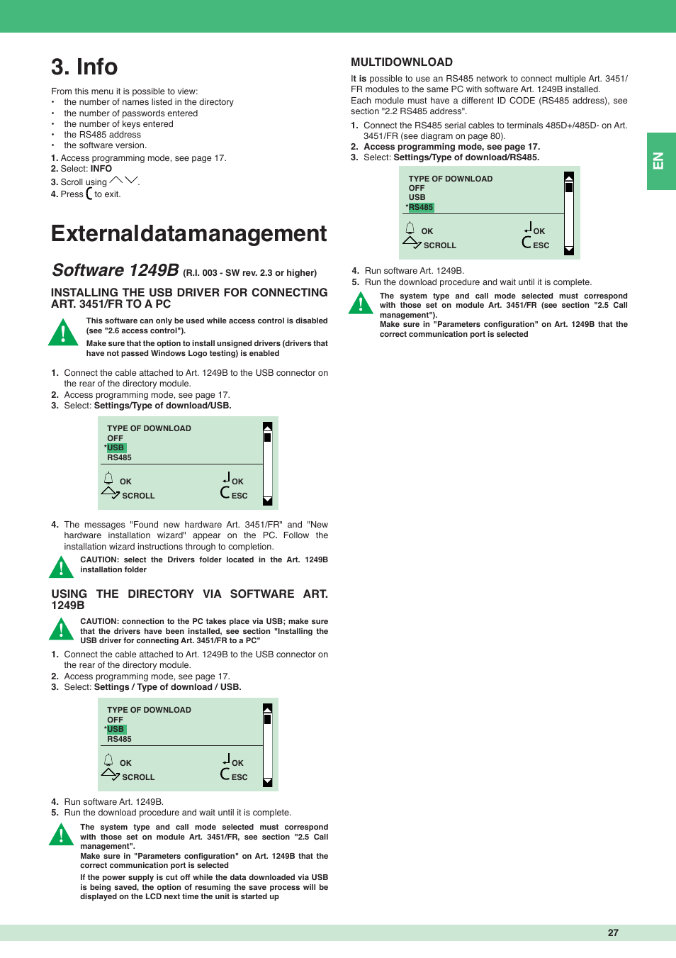 External data management, Info, Software 1249b | Using the directory via software art. 1249b, Multidownload | Comelit MT 3451 FR User Manual | Page 27 / 80