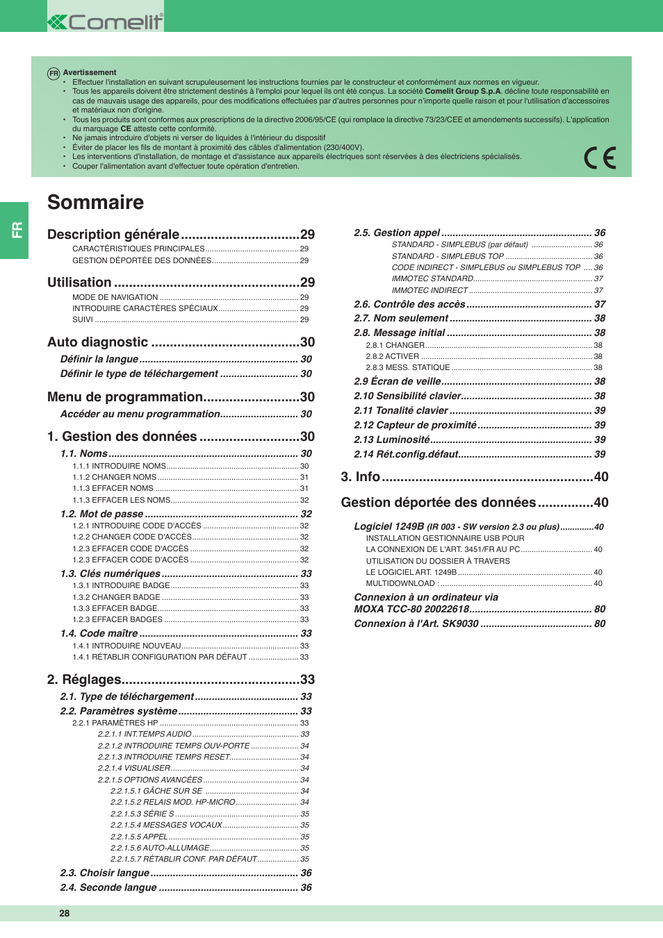 Sommaire, Info gestion déportée des données, Description générale | Utilisation, Auto diagnostic, Menu de programmation, Gestion des données, Réglages | Comelit MT 3451 FR User Manual | Page 28 / 80