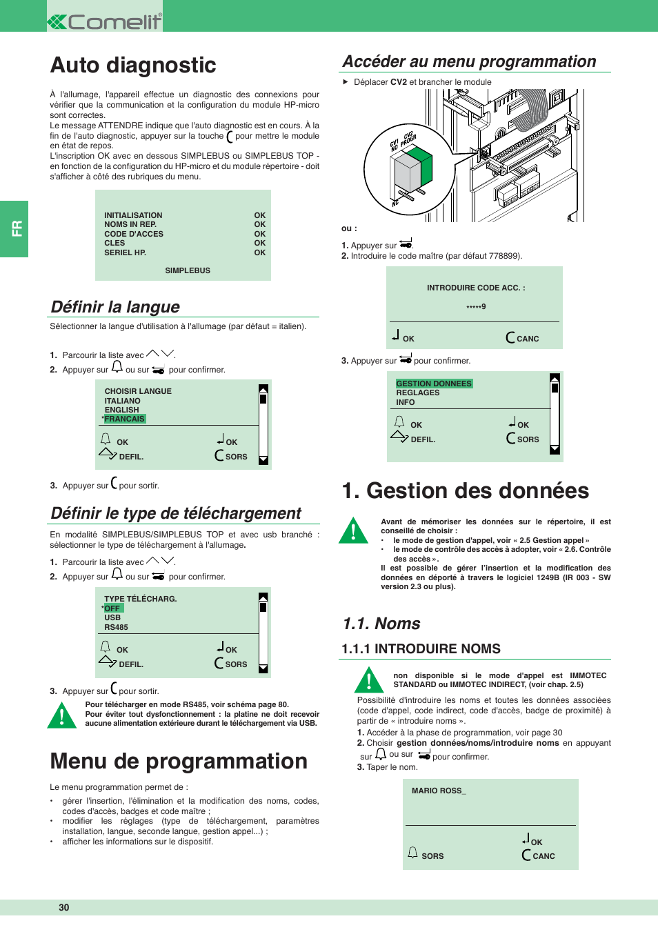 Auto diagnostic, Menu de programmation, Gestion des données | Accéder au menu programmation, Noms, 1 introduire noms | Comelit MT 3451 FR User Manual | Page 30 / 80