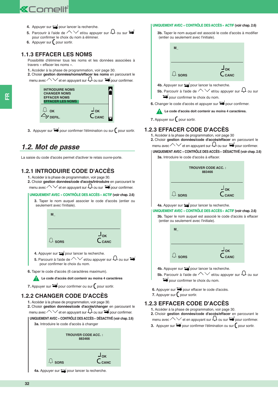 Mot de passe, Fr 1.1.3 effacer les noms, 3 effacer code d'accès | Comelit MT 3451 FR User Manual | Page 32 / 80