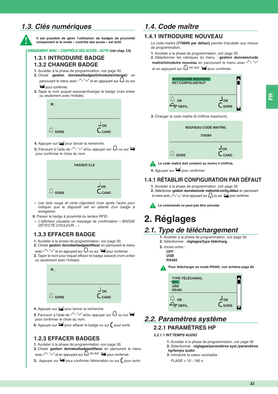 Réglages, Clés numériques, Code maître | Type de téléchargement 2.2. paramètres système, 1 introduire badge 1.3.2 changer badge, 3 effacer badge 1.2.3 effacer badges, 1 paramètres hp | Comelit MT 3451 FR User Manual | Page 33 / 80