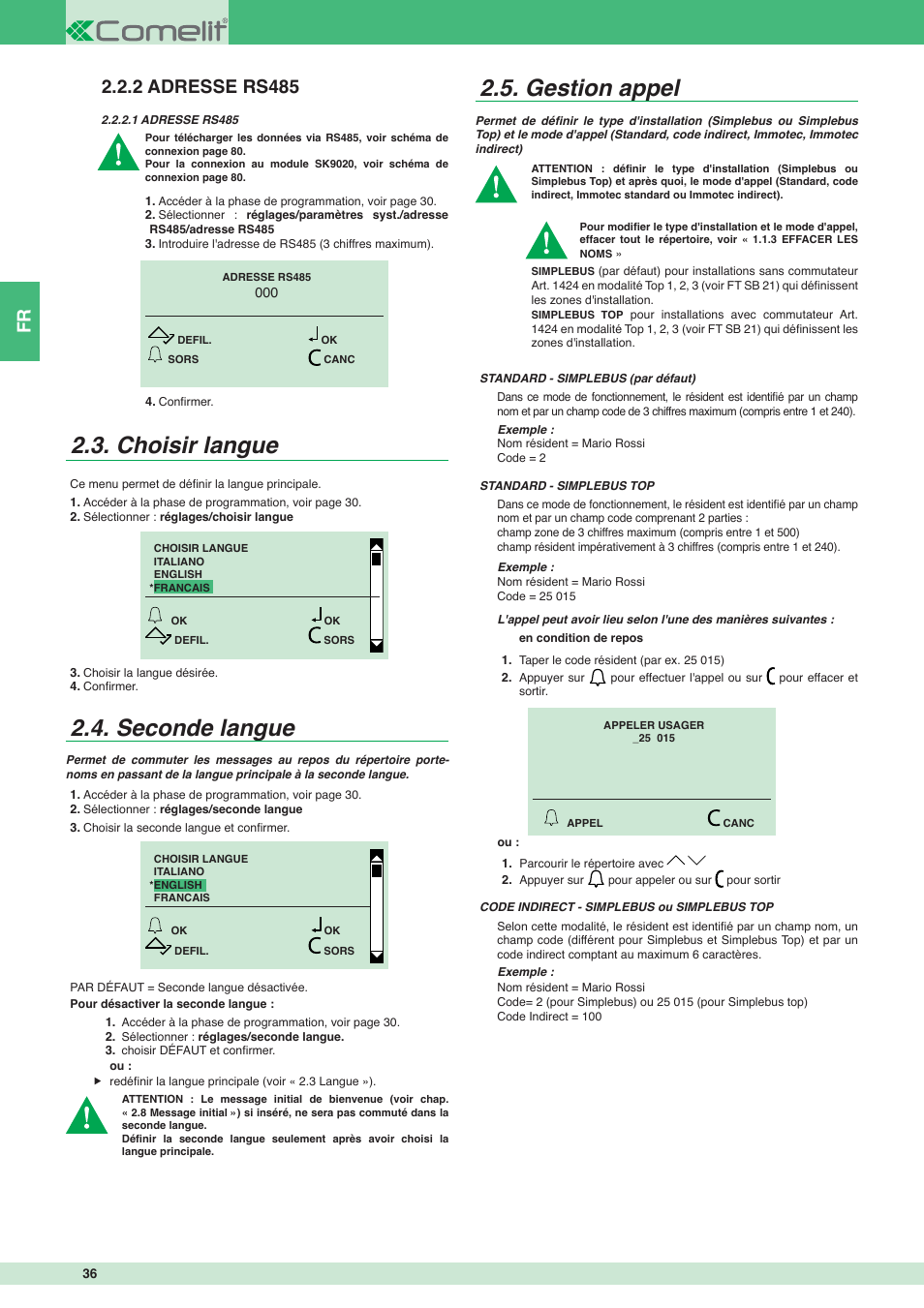 Choisir langue, Seconde langue, Gestion appel | Comelit MT 3451 FR User Manual | Page 36 / 80