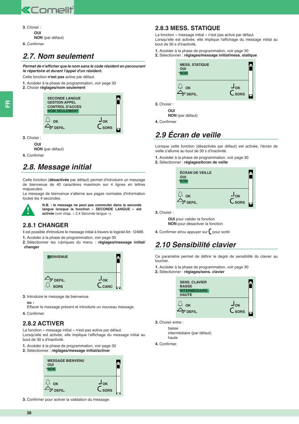 Nom seulement 2.8. message initial, 9 écran de veille, 10 sensibilité clavier | 1 changer, 2 activer, 3 mess. statique | Comelit MT 3451 FR User Manual | Page 38 / 80