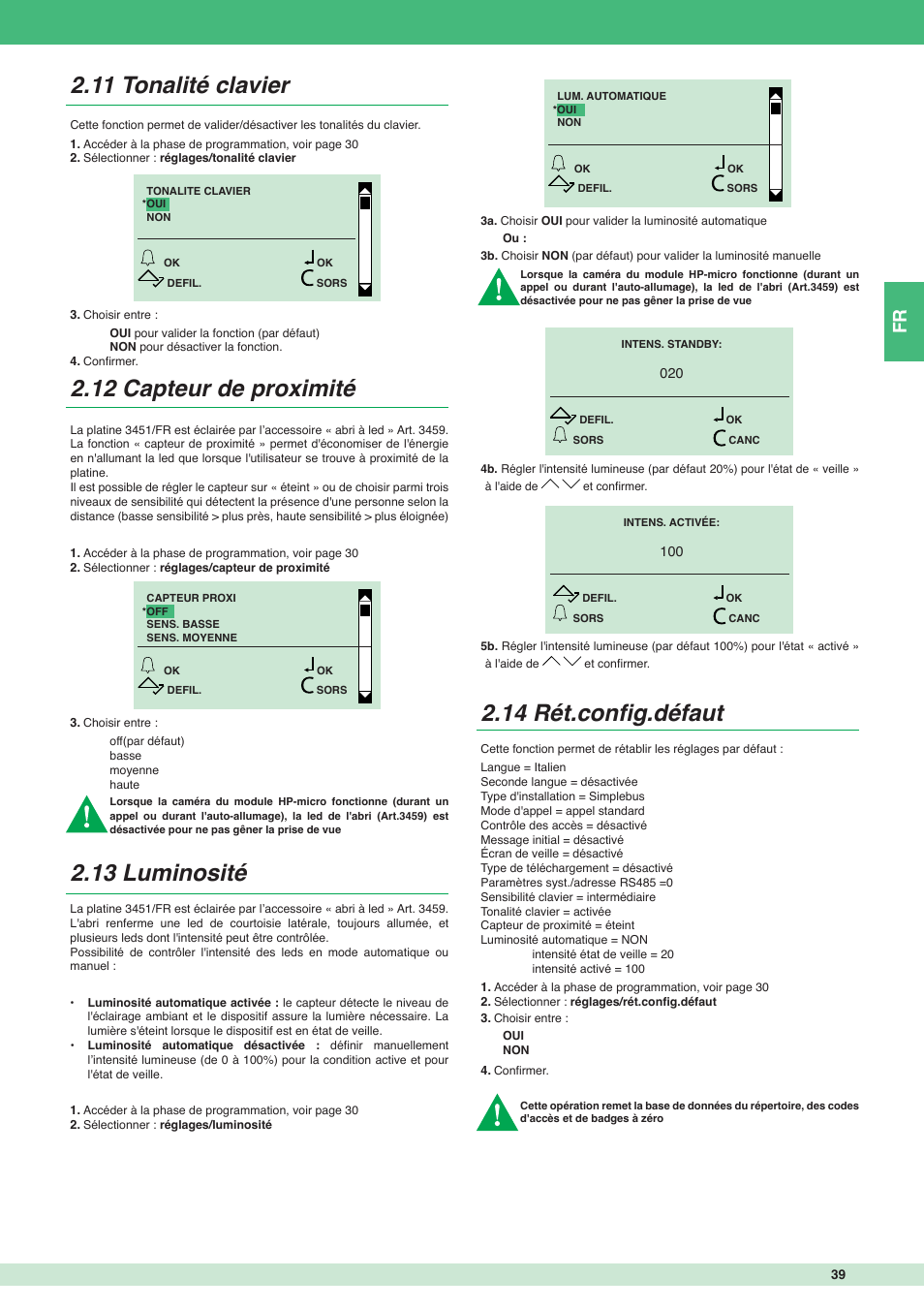 14 rét.confi g.défaut | Comelit MT 3451 FR User Manual | Page 39 / 80