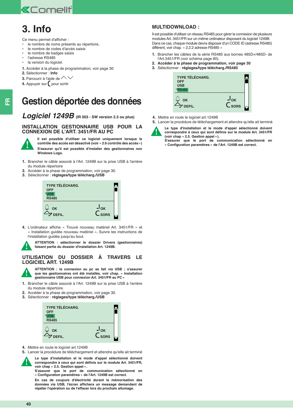 Gestion déportée des données, Info, Logiciel 1249b | Multidownload | Comelit MT 3451 FR User Manual | Page 40 / 80