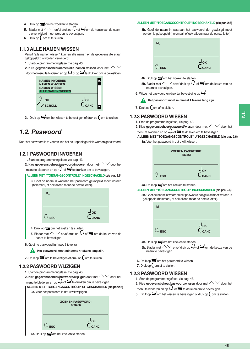 Paswoord, 3 alle namen wissen, 1 paswoord invoeren 1.2.2 paswoord wijzigen | 3 paswoord wissen | Comelit MT 3451 FR User Manual | Page 45 / 80