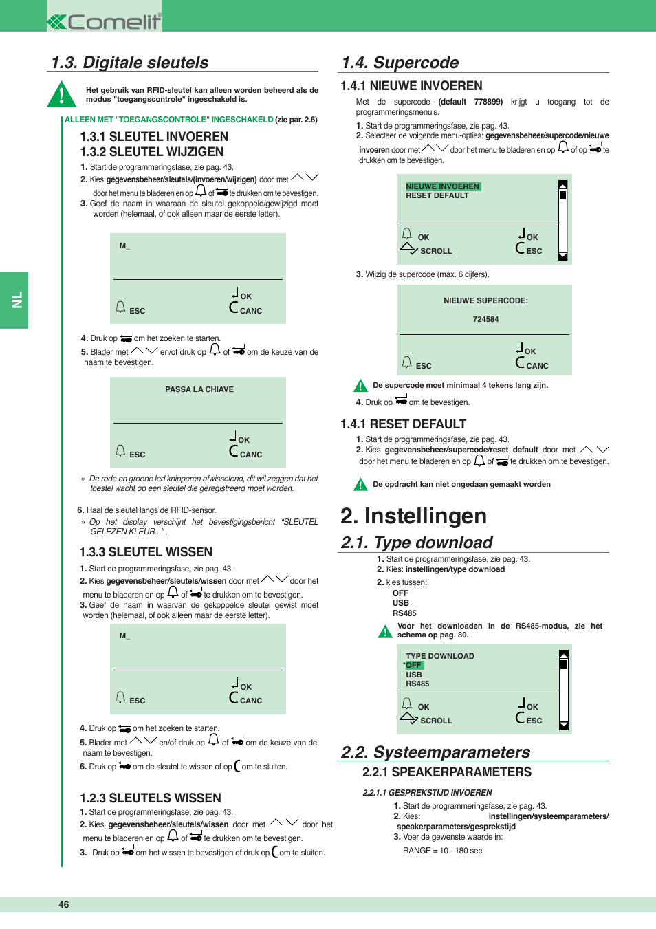 Instellingen, Digitale sleutels, Supercode | Type download 2.2. systeemparameters, 1 sleutel invoeren 1.3.2 sleutel wijzigen, 3 sleutel wissen 1.2.3 sleutels wissen, 1 nieuwe invoeren 1.4.1 reset default, 1 speakerparameters | Comelit MT 3451 FR User Manual | Page 46 / 80