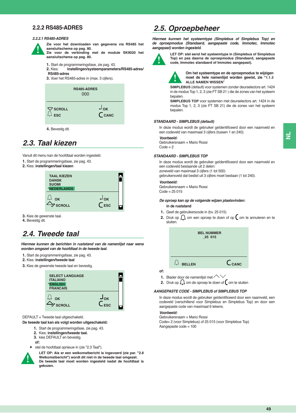 Taal kiezen, Tweede taal, Oproepbeheer | 2 rs485-adres | Comelit MT 3451 FR User Manual | Page 49 / 80