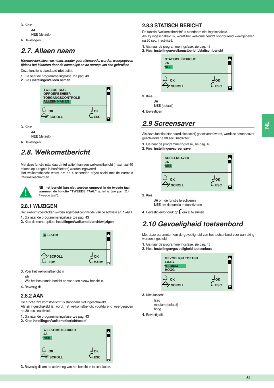 Alleen naam 2.8. welkomstbericht, 9 screensaver, 10 gevoeligheid toetsenbord | 1 wijzigen, 2 aan, 3 statisch bericht | Comelit MT 3451 FR User Manual | Page 51 / 80