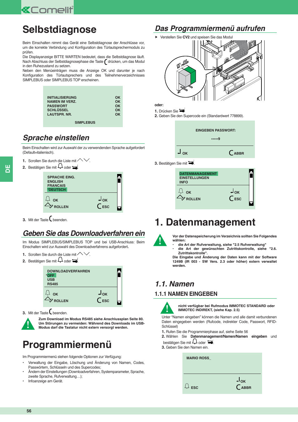 Selbstdiagnose, Programmiermenü, Datenmanagement | Das programmiermenü aufrufen, Namen, 1 namen eingeben | Comelit MT 3451 FR User Manual | Page 56 / 80