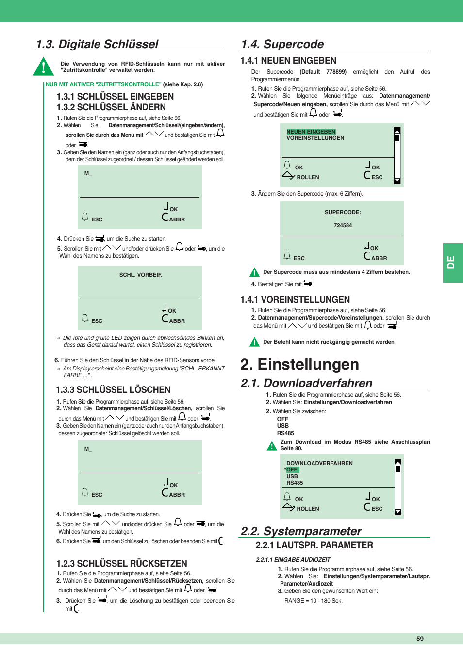 Einstellungen, Digitale schlüssel, Supercode | Downloadverfahren 2.2. systemparameter, 1 schlüssel eingeben 1.3.2 schlüssel ändern, 3 schlüssel löschen 1.2.3 schlüssel rücksetzen, 1 neuen eingeben 1.4.1 voreinstellungen, 1 lautspr. parameter | Comelit MT 3451 FR User Manual | Page 59 / 80