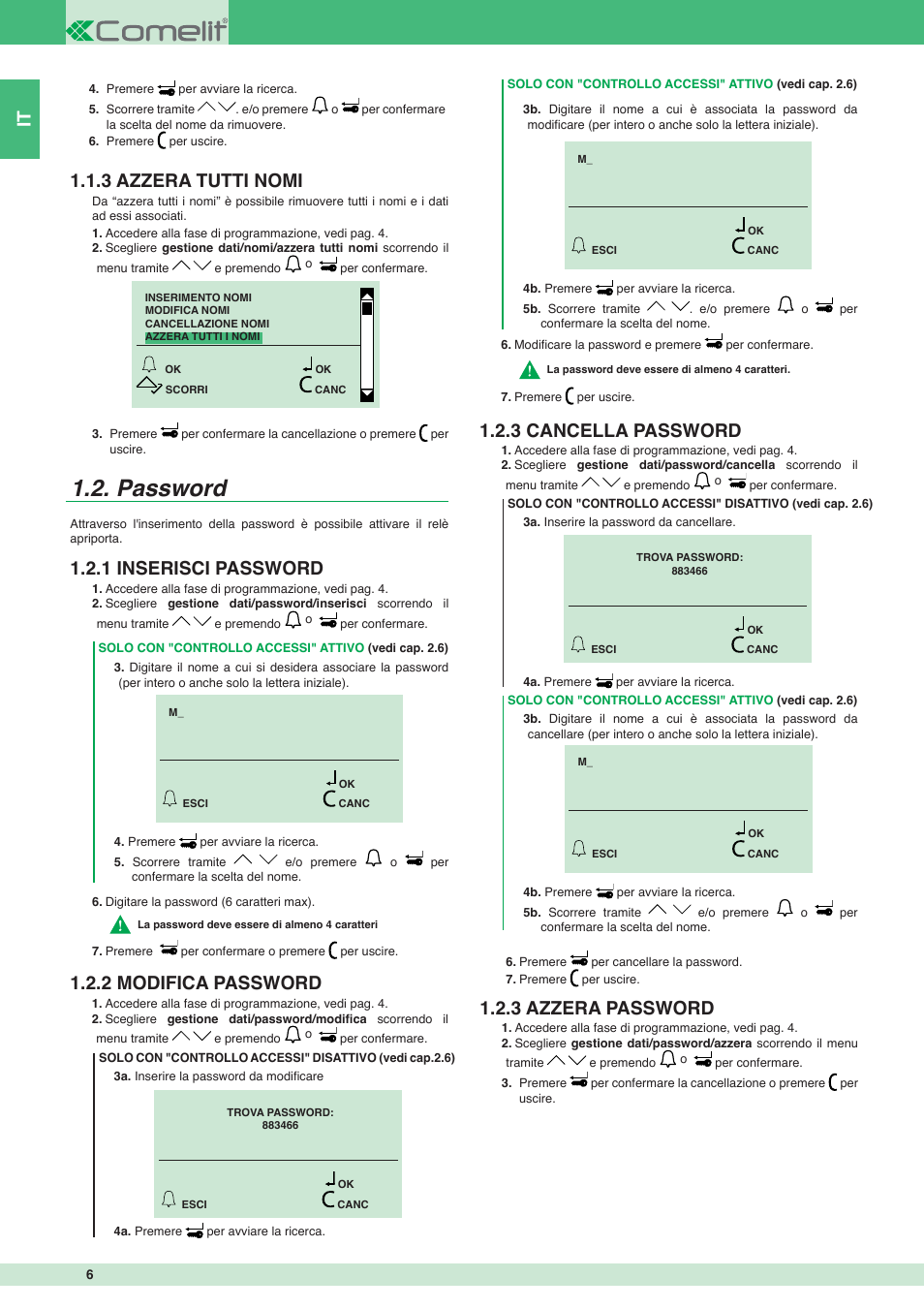 Password, 3 azzera tutti nomi, 1 inserisci password 1.2.2 modifica password | 3 cancella password, 3 azzera password | Comelit MT 3451 FR User Manual | Page 6 / 80