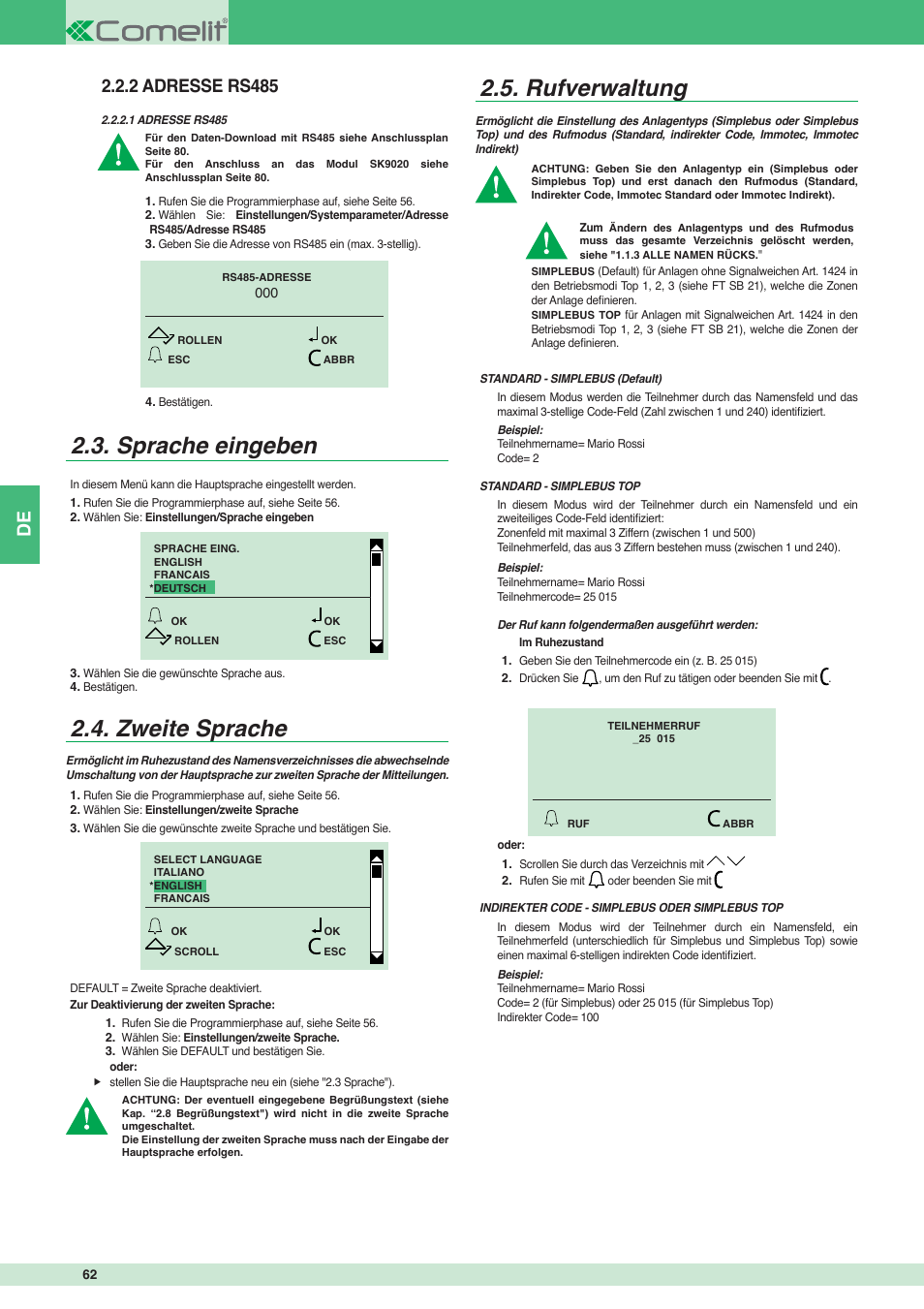 Sprache eingeben, Zweite sprache, Rufverwaltung | 2 adresse rs485 | Comelit MT 3451 FR User Manual | Page 62 / 80