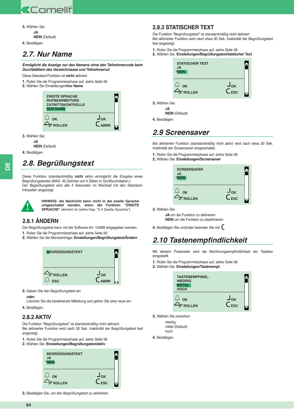 Nur name 2.8. begrüßungstext, 9 screensaver, 10 tastenempfi ndlichkeit | 1 ändern, 2 aktiv, 3 statischer text | Comelit MT 3451 FR User Manual | Page 64 / 80