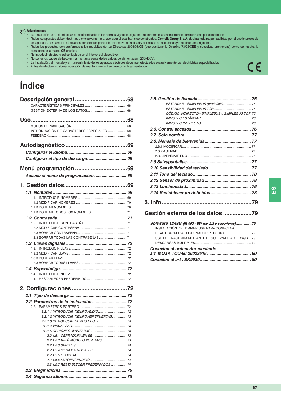 Índice, Info gestión externa de los datos, Descripción general | Autodiagnóstico, Menú programación, Gestión datos, Confi guraciones | Comelit MT 3451 FR User Manual | Page 67 / 80