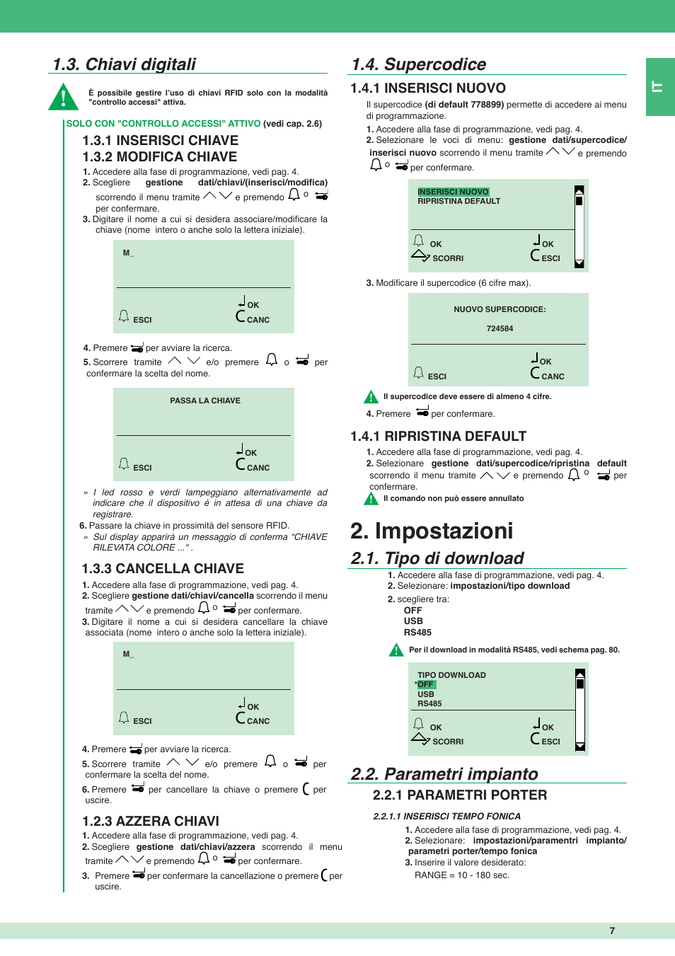 Impostazioni, Chiavi digitali, Supercodice | Tipo di download 2.2. parametri impianto, 1 inserisci chiave 1.3.2 modifica chiave, 3 cancella chiave 1.2.3 azzera chiavi, 1 inserisci nuovo 1.4.1 ripristina default, 1 parametri porter it | Comelit MT 3451 FR User Manual | Page 7 / 80