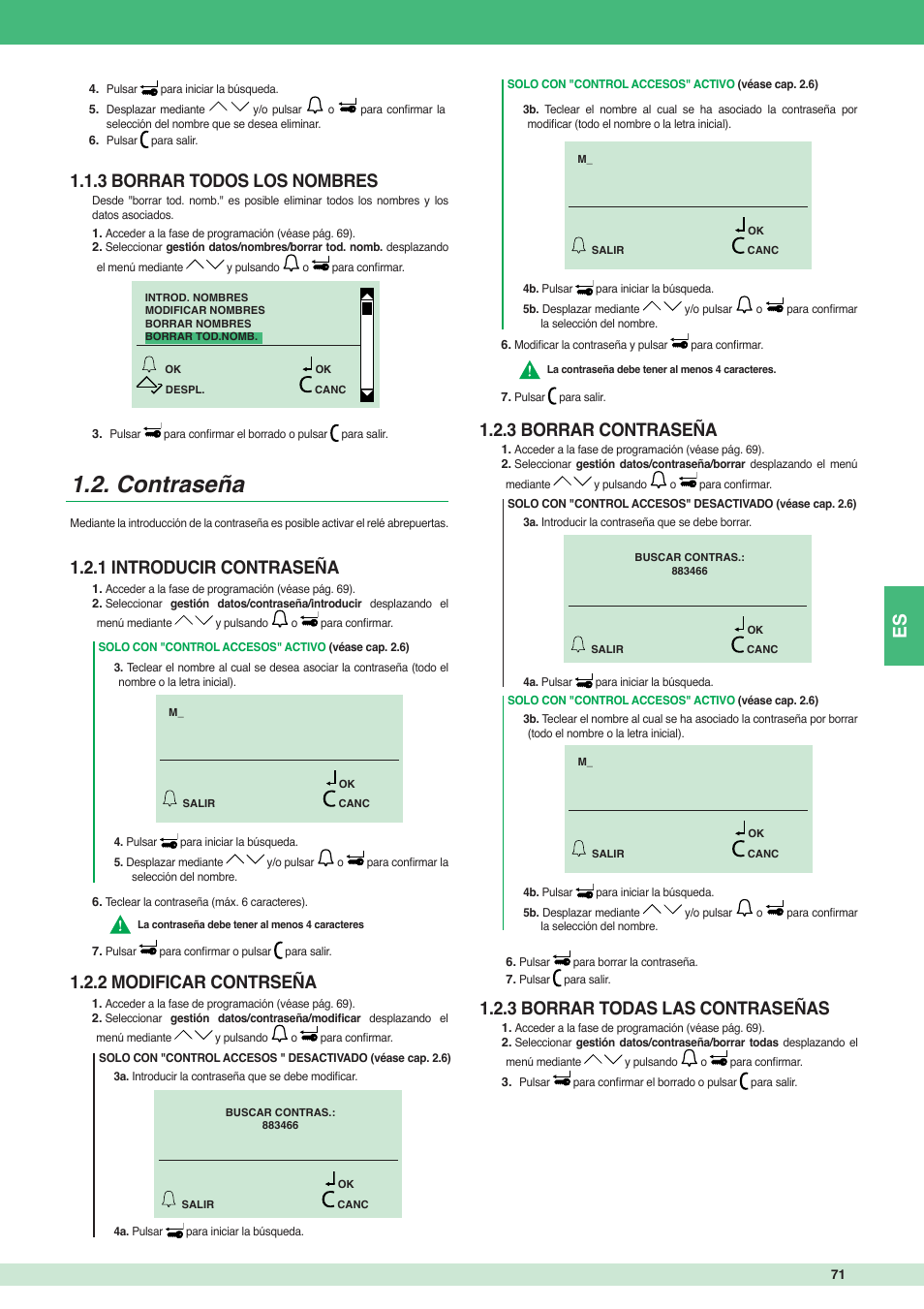 Contraseña, 3 borrar todos los nombres, 1 introducir contraseña 1.2.2 modificar contrseña | 3 borrar contraseña, 3 borrar todas las contraseñas | Comelit MT 3451 FR User Manual | Page 71 / 80