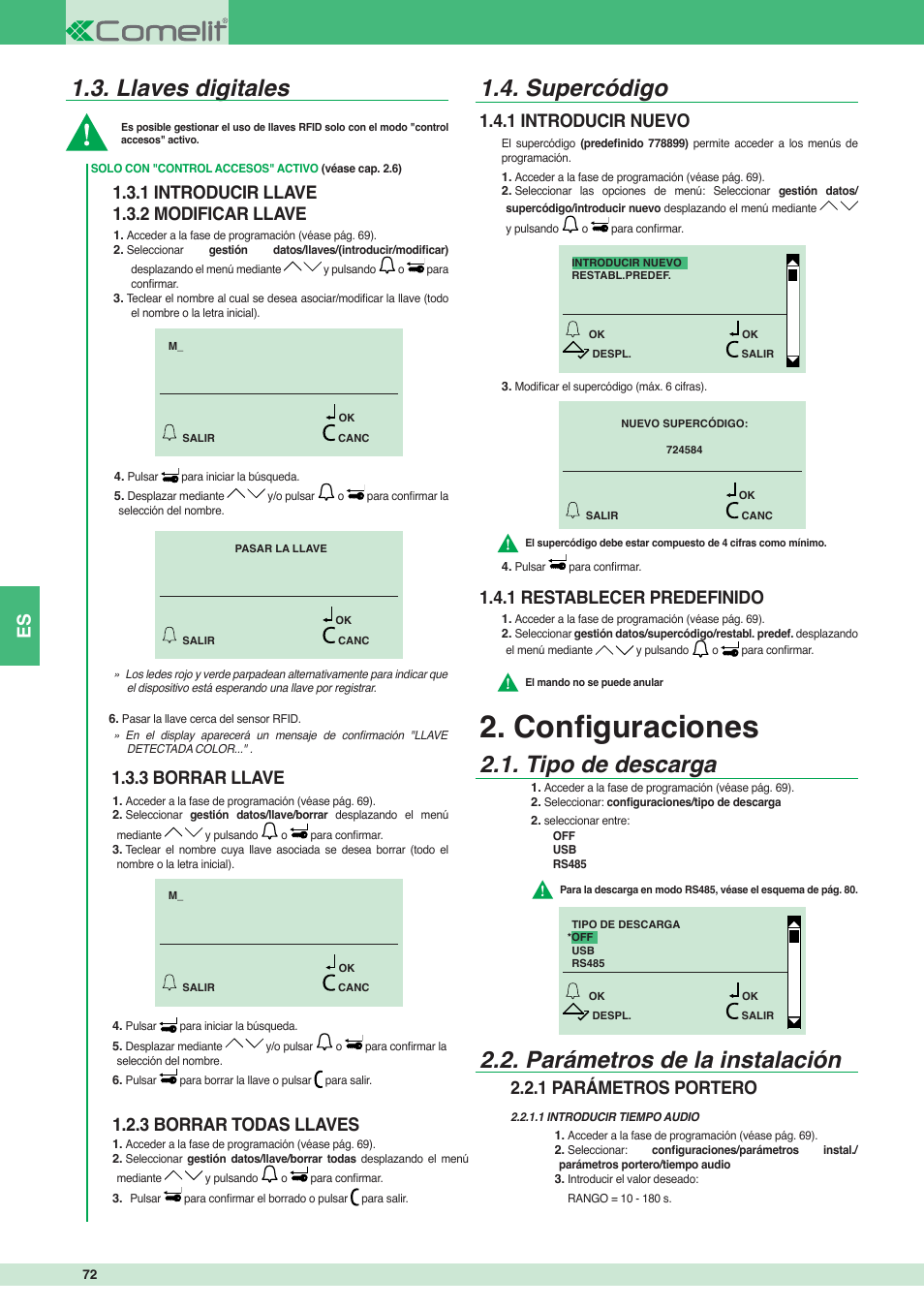 Confi guraciones, Llaves digitales, Supercódigo | Tipo de descarga 2.2. parámetros de la instalación, 1 introducir llave 1.3.2 modificar llave, 3 borrar llave 1.2.3 borrar todas llaves, 1 introducir nuevo 1.4.1 restablecer predefinido, 1 parámetros portero | Comelit MT 3451 FR User Manual | Page 72 / 80