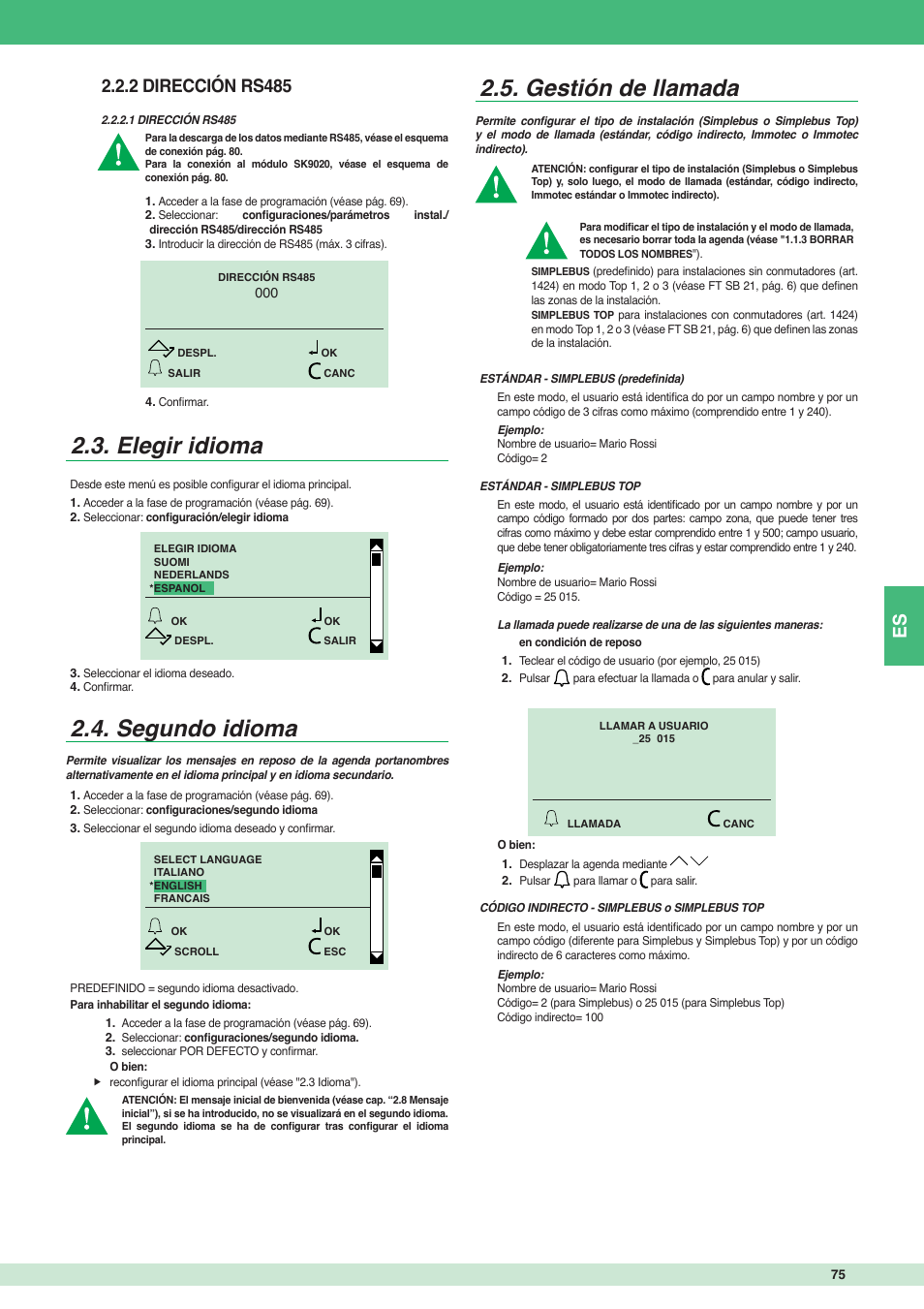 Elegir idioma, Segundo idioma, Gestión de llamada | 2 dirección rs485 | Comelit MT 3451 FR User Manual | Page 75 / 80