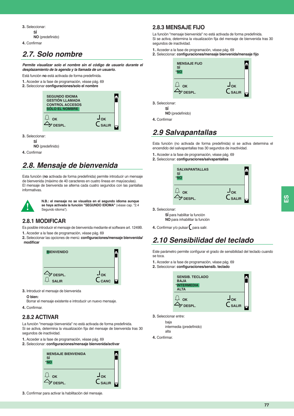 Solo nombre 2.8. mensaje de bienvenida, 9 salvapantallas, 10 sensibilidad del teclado | 1 modificar, 2 activar, 3 mensaje fijo | Comelit MT 3451 FR User Manual | Page 77 / 80