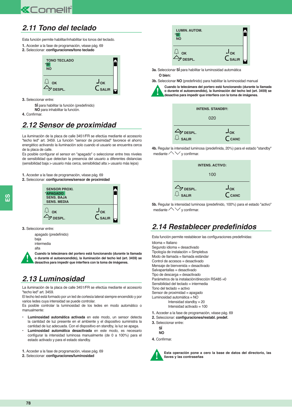 14 restablecer predefi nidos | Comelit MT 3451 FR User Manual | Page 78 / 80