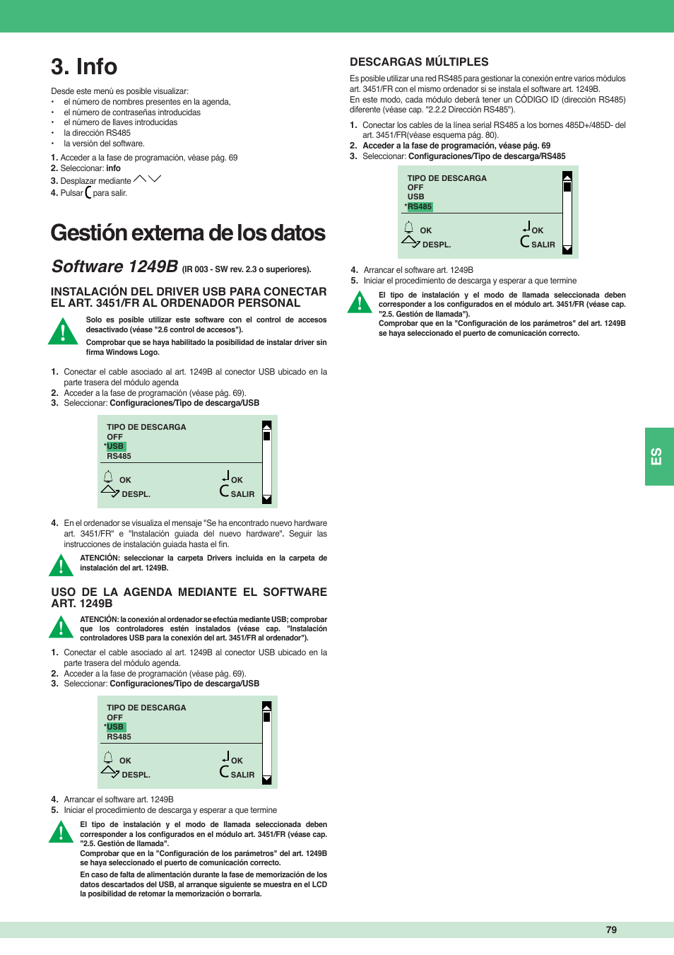 Gestión externa de los datos, Info, Software 1249b | Uso de la agenda mediante el software art. 1249b, Descargas múltiples | Comelit MT 3451 FR User Manual | Page 79 / 80