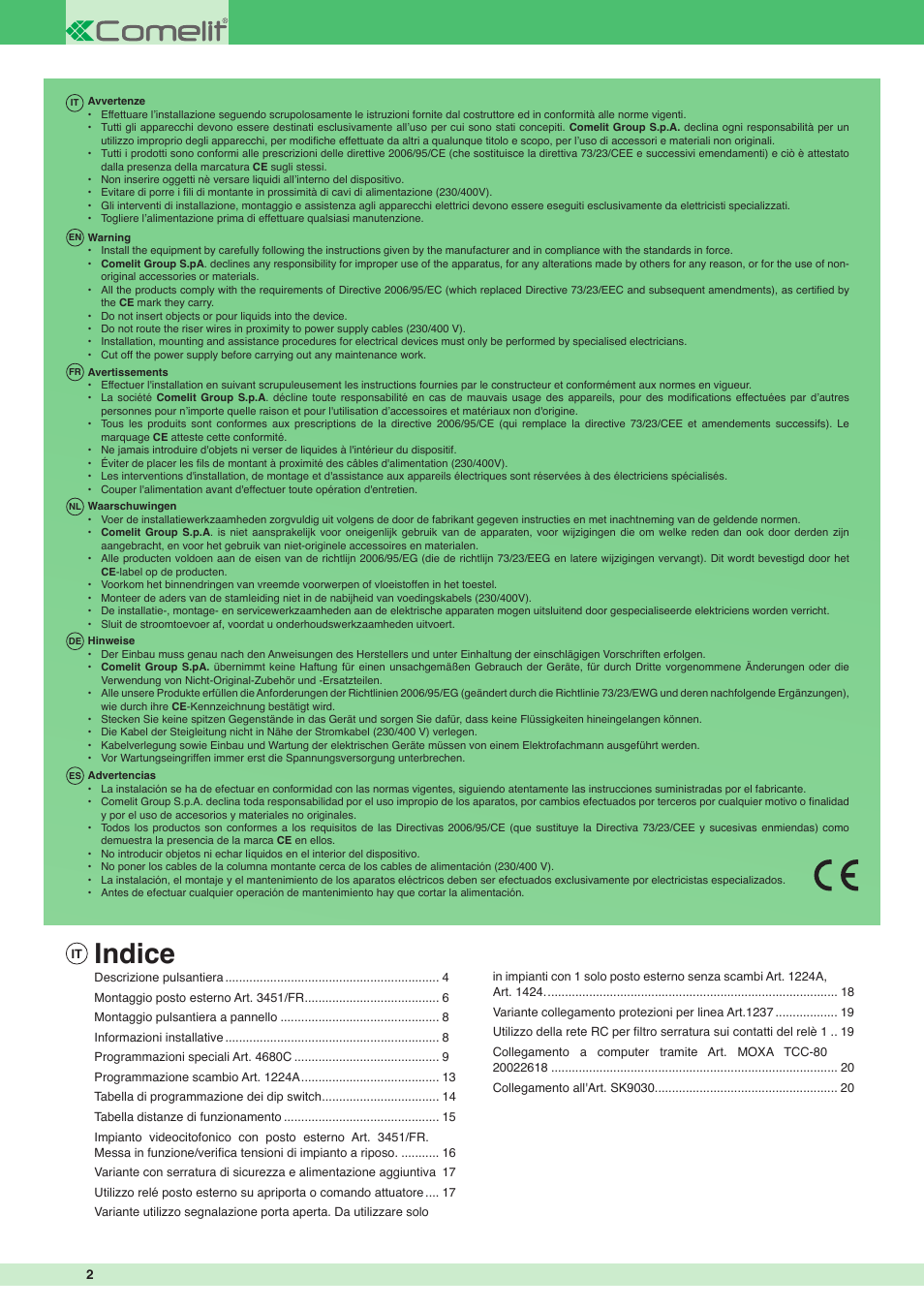 Indice | Comelit MT 3451 FR User Manual | Page 2 / 20