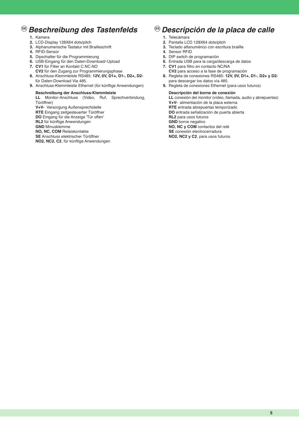 Beschreibung des tastenfelds, Descripción de la placa de calle | Comelit MT 3451 FR User Manual | Page 5 / 20